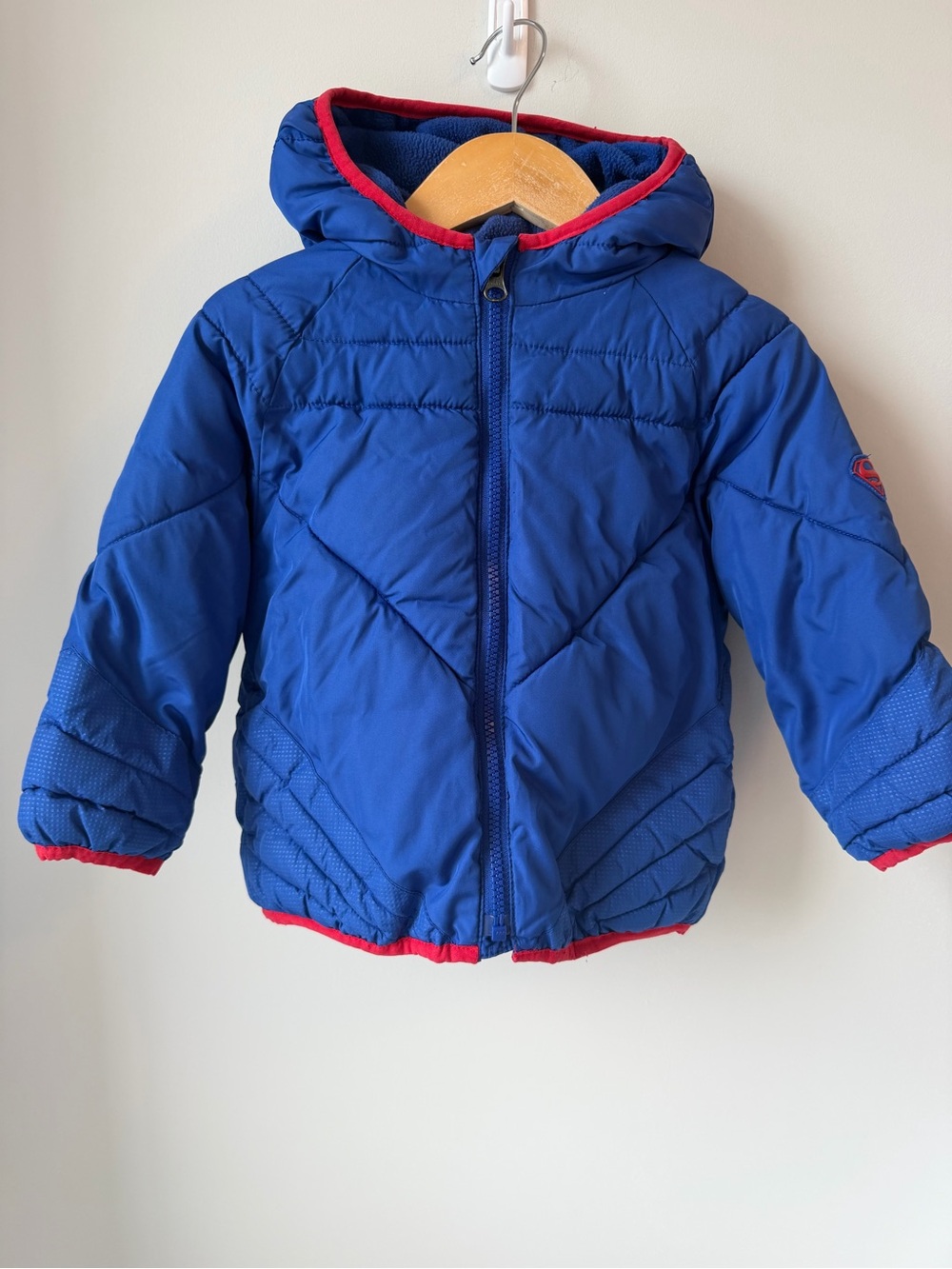 GAP x Junk Food Royal Blue Hooded Superman Puffer Jacket with Red Trim 2Y